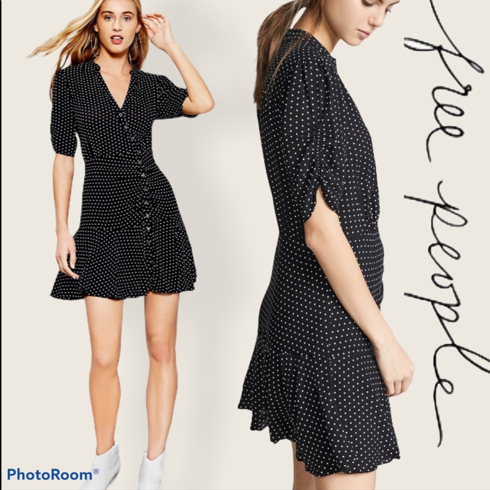 Free People Pippa Polka Dot Black Mini Dress NWT M